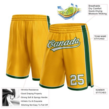 Custom Basketball Shorts with Personalized Gold and White-Green Design, Team Name and Number Personalized Gold White-Green
