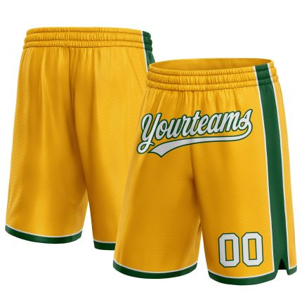 Custom Basketball Shorts with Personalized Gold and White-Green Design, Team Name and Number Personalized Gold White-Green