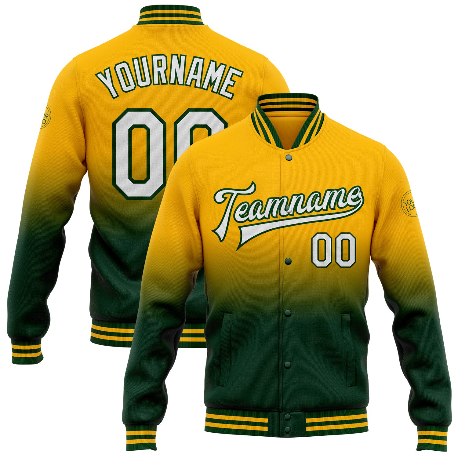 Custom Team Name Number Varsity Letterman Bomber Jacket Personalized Gold White Green Fade Fashion Jacket Personalized Gold