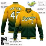 Custom Team Name Number Varsity Letterman Bomber Jacket Personalized Gold White Green Fade Fashion Jacket Personalized Gold