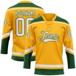 Custom Gold White-Green Hockey Jersey with Personalized Name and Number - Lace Neck Design Personalized Gold White-Green