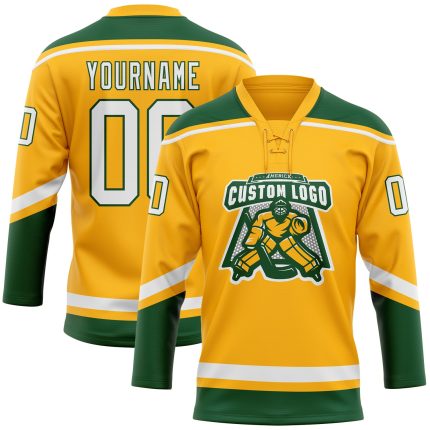 Custom Gold White-Green Hockey Jersey with Personalized Name and Number - Lace Neck Design Personalized Gold White-Green