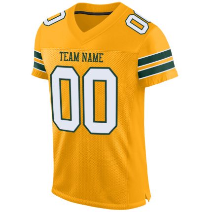 Custom Authentic Football Jersey with Personalized Name & Number, Gold White-Green Mesh Design Personalized Gold White-Green