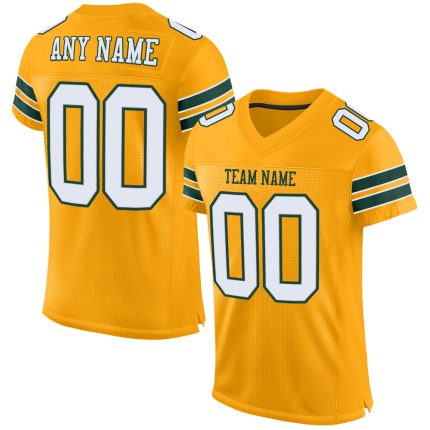Custom Authentic Football Jersey with Personalized Name & Number, Gold White-Green Mesh Design Personalized Gold White-Green