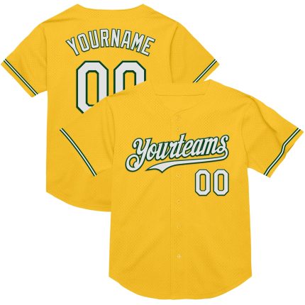 Custom Gold White-Green Mesh Authentic Throwback Baseball Jersey with Personalized Name & Number - Team Apparel Personalized