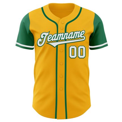 Custom Two-Tone Baseball Jersey with Personalized Name and Number in Gold and Kelly Green Personalized Gold White-Kelly Green