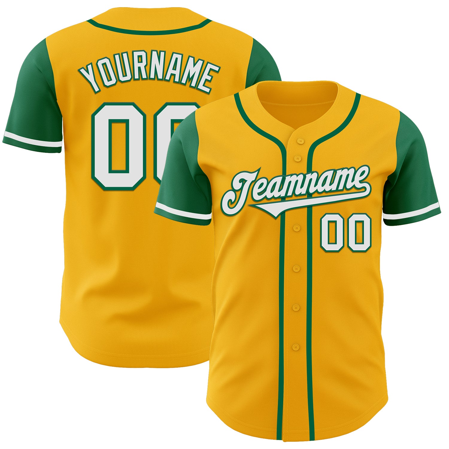 Custom Two-Tone Baseball Jersey with Personalized Name and Number in Gold and Kelly Green Personalized Gold White-Kelly Green