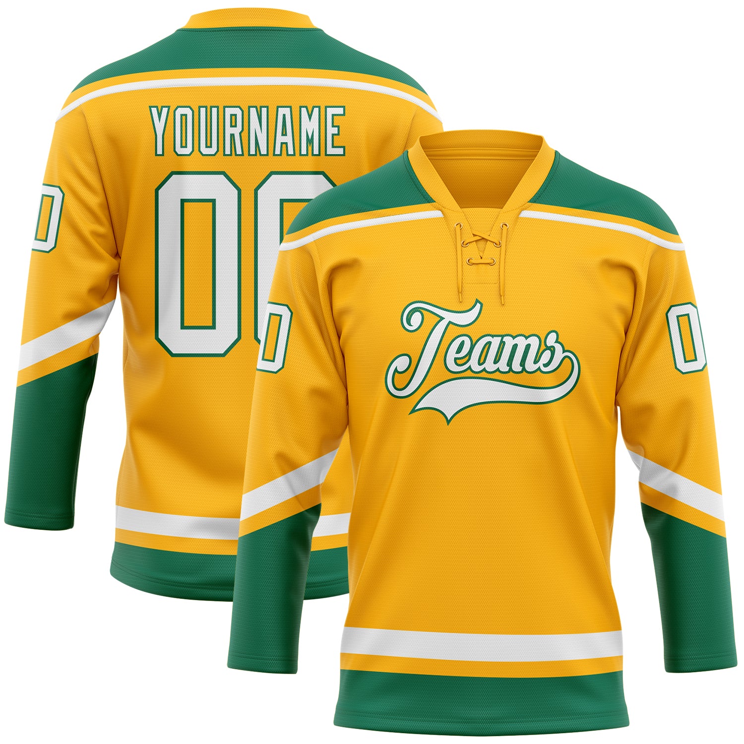 Custom Name Number Personalized Gold White Kelly Green Hockey Jersey Lace Neck Personalized Gold White-Kelly Green Hockey