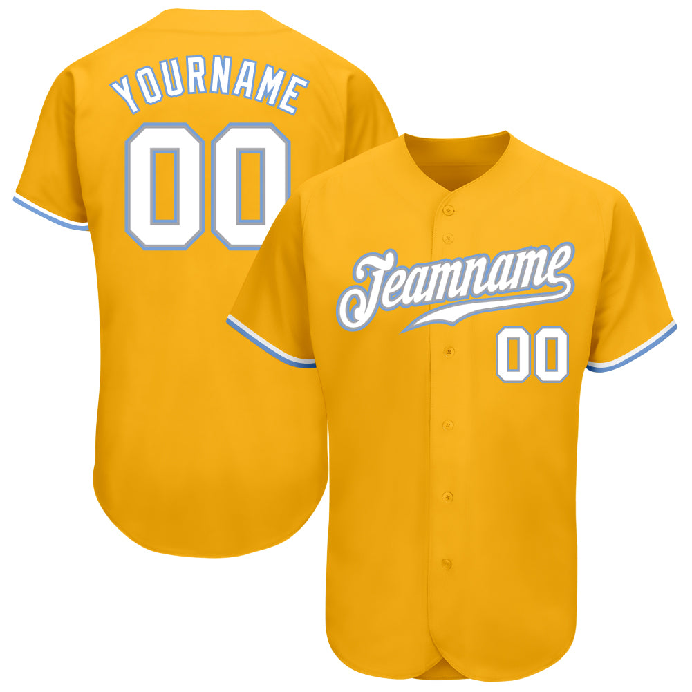 Custom Name and Number Personalized Gold White-Light Blue Baseball Jersey Authentic Team Apparel Personalized Gold White-Light