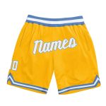 Custom Name Number Personalized Throwback Basketball Shorts in Gold and White with Light Blue Accents - Authentic Design