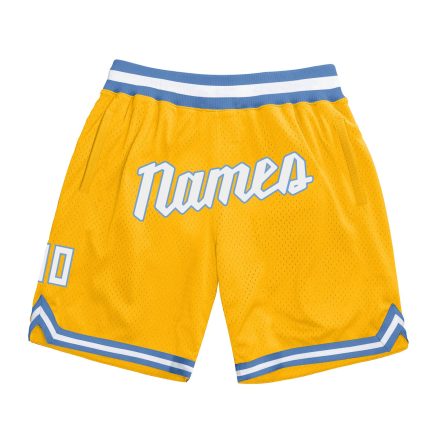 Custom Name Number Personalized Throwback Basketball Shorts in Gold and White with Light Blue Accents - Authentic Design