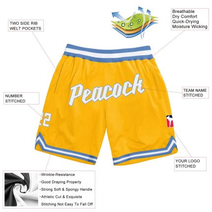 Custom Name Number Personalized Throwback Basketball Shorts in Gold and White with Light Blue Accents - Authentic Design