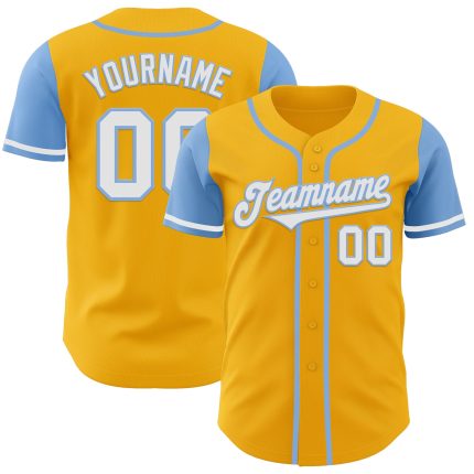 Custom Two Tone Baseball Jersey Personalized with Gold White Light Blue Name and Number Personalized Gold White-Light Blue
