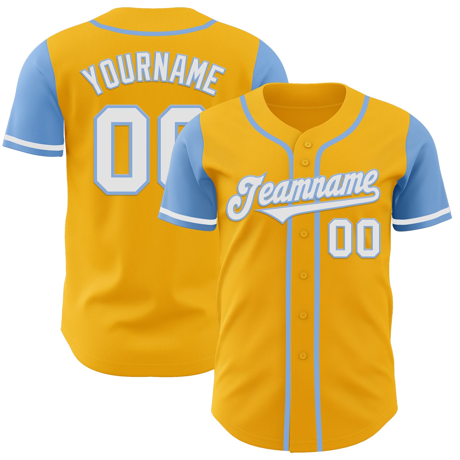 Custom Two Tone Baseball Jersey Personalized with Gold White Light Blue Name and Number Personalized Gold White-Light Blue
