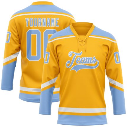 Custom Gold White Light Blue Hockey Jersey with Personalized Name and Number - Team Lace Neck Design Personalized Gold White-Light