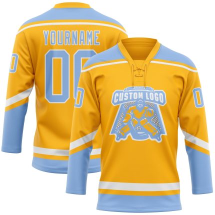 Custom Gold White Light Blue Hockey Jersey with Personalized Name and Number - Team Lace Neck Design Personalized Gold White-Light