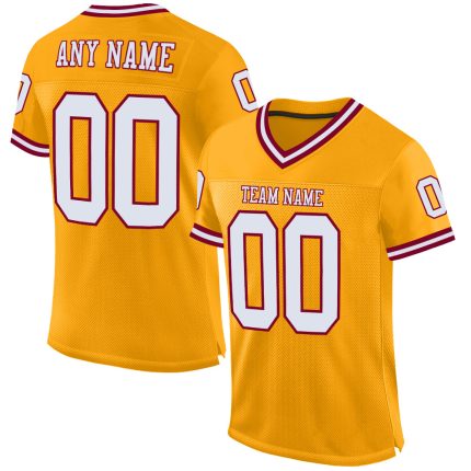 Custom Name Number Personalized Gold White Maroon Football Jersey Authentic Throwback Mesh Team Personalized Gold White-Maroon
