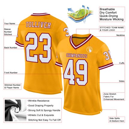 Custom Name Number Personalized Gold White Maroon Football Jersey Authentic Throwback Mesh Team Personalized Gold White-Maroon