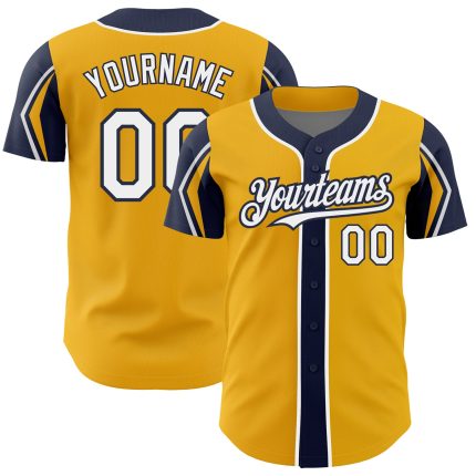 Custom Name and Number Authentic Baseball Jersey in Personalized Gold White-Navy - 3 Colors, Arm Shapes Personalized Gold