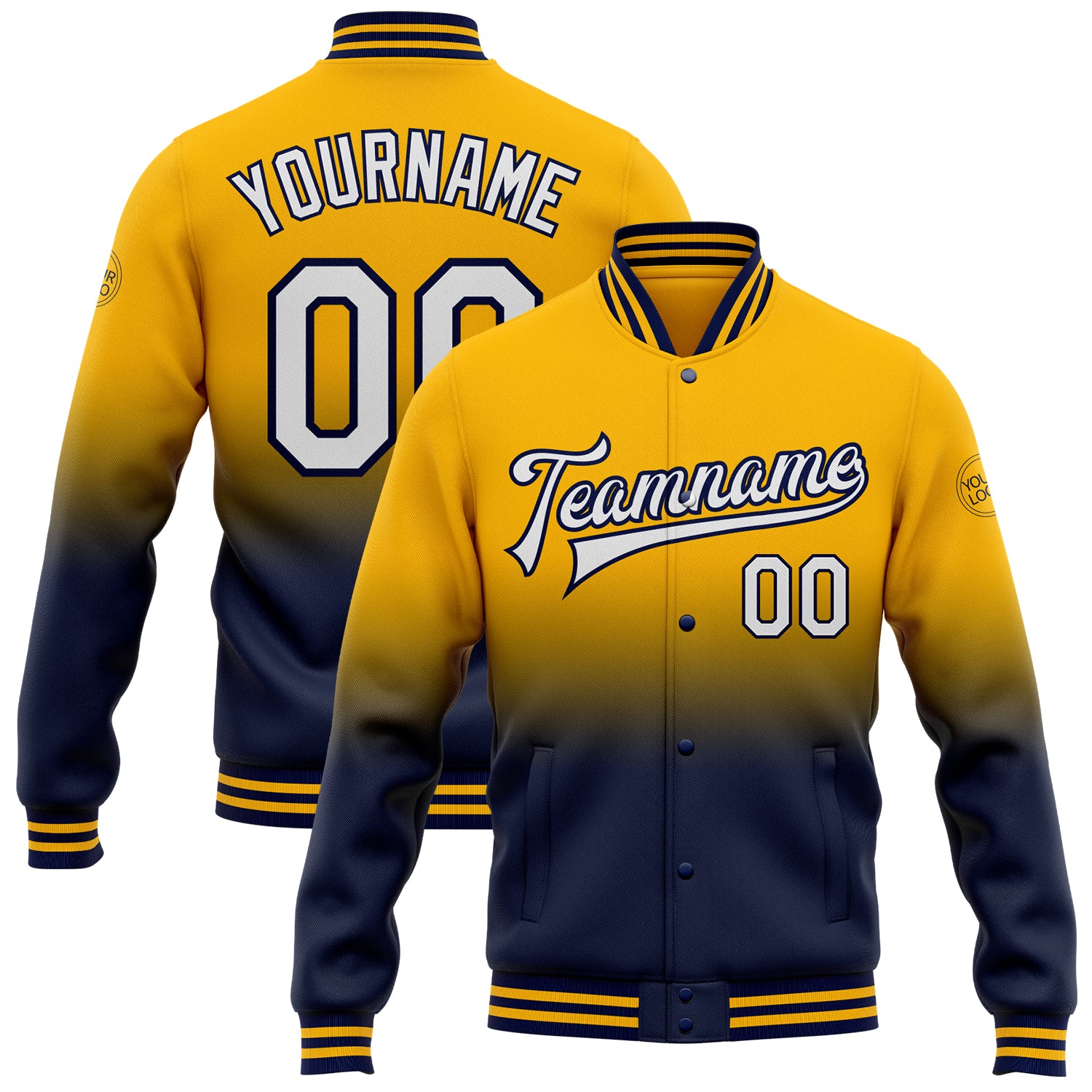 Custom Name Number Personalized Gold White Navy Varsity Bomber Jacket Full-Snap Fashion Letterman Personalized Gold White-Navy