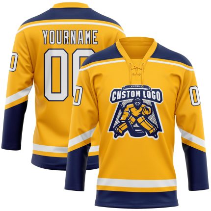 Custom Personalized Gold White-Navy Hockey Jersey with Lace Neck, Team Name and Number Personalized Gold White-Navy Hockey