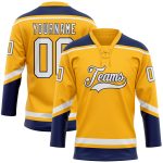 Custom Personalized Gold White-Navy Hockey Jersey with Lace Neck, Team Name and Number Personalized Gold White-Navy Hockey
