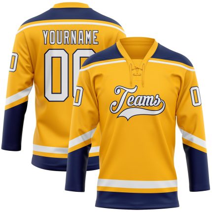 Custom Personalized Gold White-Navy Hockey Jersey with Lace Neck, Team Name and Number Personalized Gold White-Navy Hockey