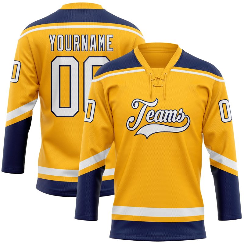 Custom Personalized Gold White-Navy Hockey Jersey with Lace Neck, Team Name and Number Personalized Gold White-Navy Hockey