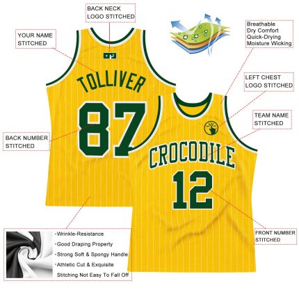 Custom Name and Number Personalized Green Basketball Jersey Gold White Pinstripe Authentic Design Personalized Gold White