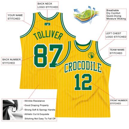 Custom Personalized Kelly Green Basketball Jersey with Gold White Pinstripe - Authentic Name and Number Personalized Gold