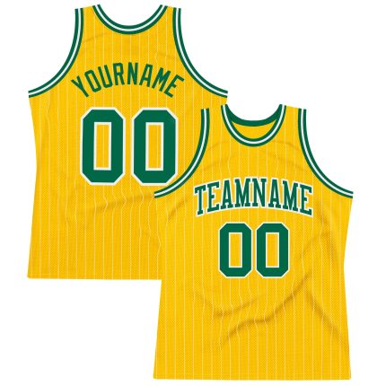 Custom Personalized Kelly Green Basketball Jersey with Gold White Pinstripe - Authentic Name and Number Personalized Gold