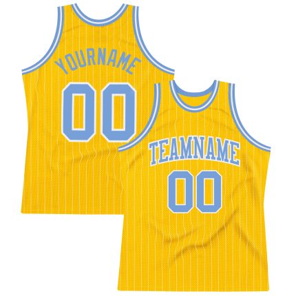 Custom Name and Number Basketball Jersey - Personalized Light Blue Gold White Pinstripe Authentic Design Personalized Gold