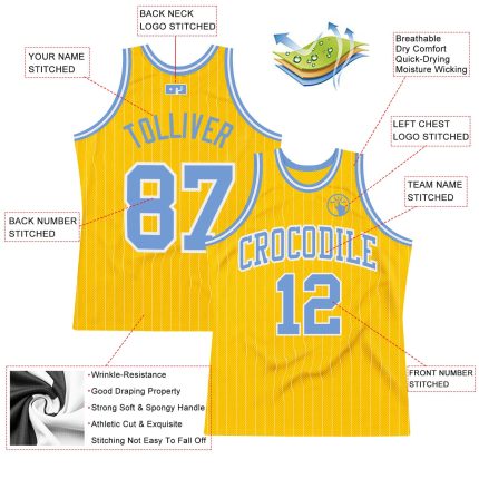 Custom Name and Number Basketball Jersey - Personalized Light Blue Gold White Pinstripe Authentic Design Personalized Gold