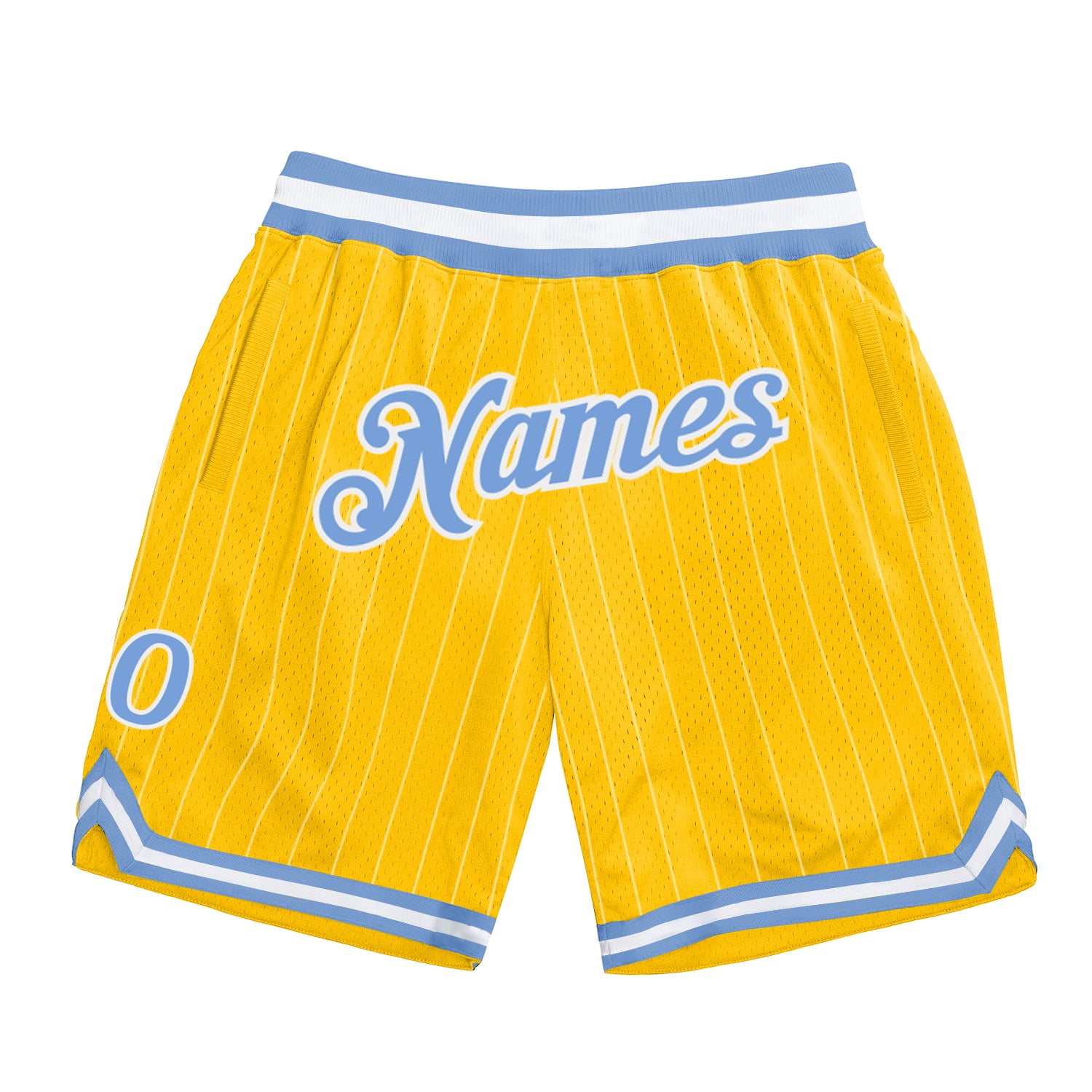 Custom Light Blue and White Basketball Shorts with Personalized Team Name and Number - Gold Pinstripe Design Personalized