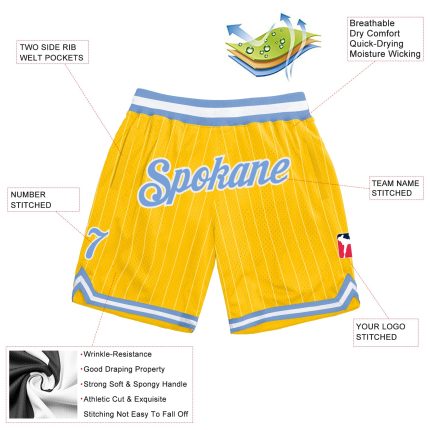 Custom Light Blue and White Basketball Shorts with Personalized Team Name and Number - Gold Pinstripe Design Personalized