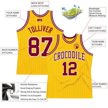 Custom Maroon Basketball Jersey with Gold White Pinstripe, Personalized Name and Number, Authentic Team Apparel Personalized