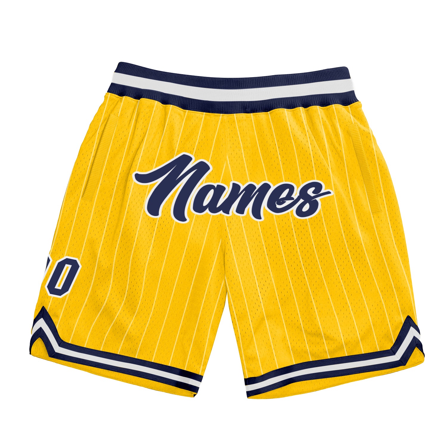 Custom Name and Number Basketball Shorts - Personalized Gold White Pinstripe Navy-White Authentic Basketball Gear Personalized