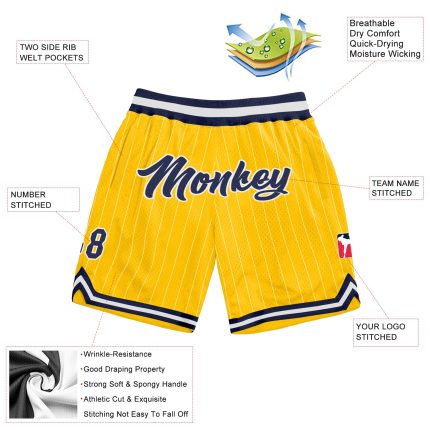 Custom Name and Number Basketball Shorts - Personalized Gold White Pinstripe Navy-White Authentic Basketball Gear Personalized