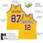 Custom Purple Basketball Jersey with Personalized Gold White Pinstripe Name and Number - Authentic Design Personalized Gold
