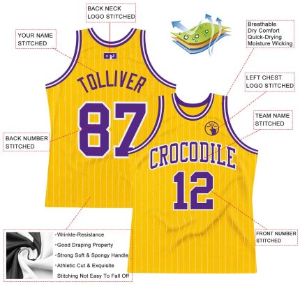 Custom Purple Basketball Jersey with Personalized Gold White Pinstripe Name and Number - Authentic Design Personalized Gold