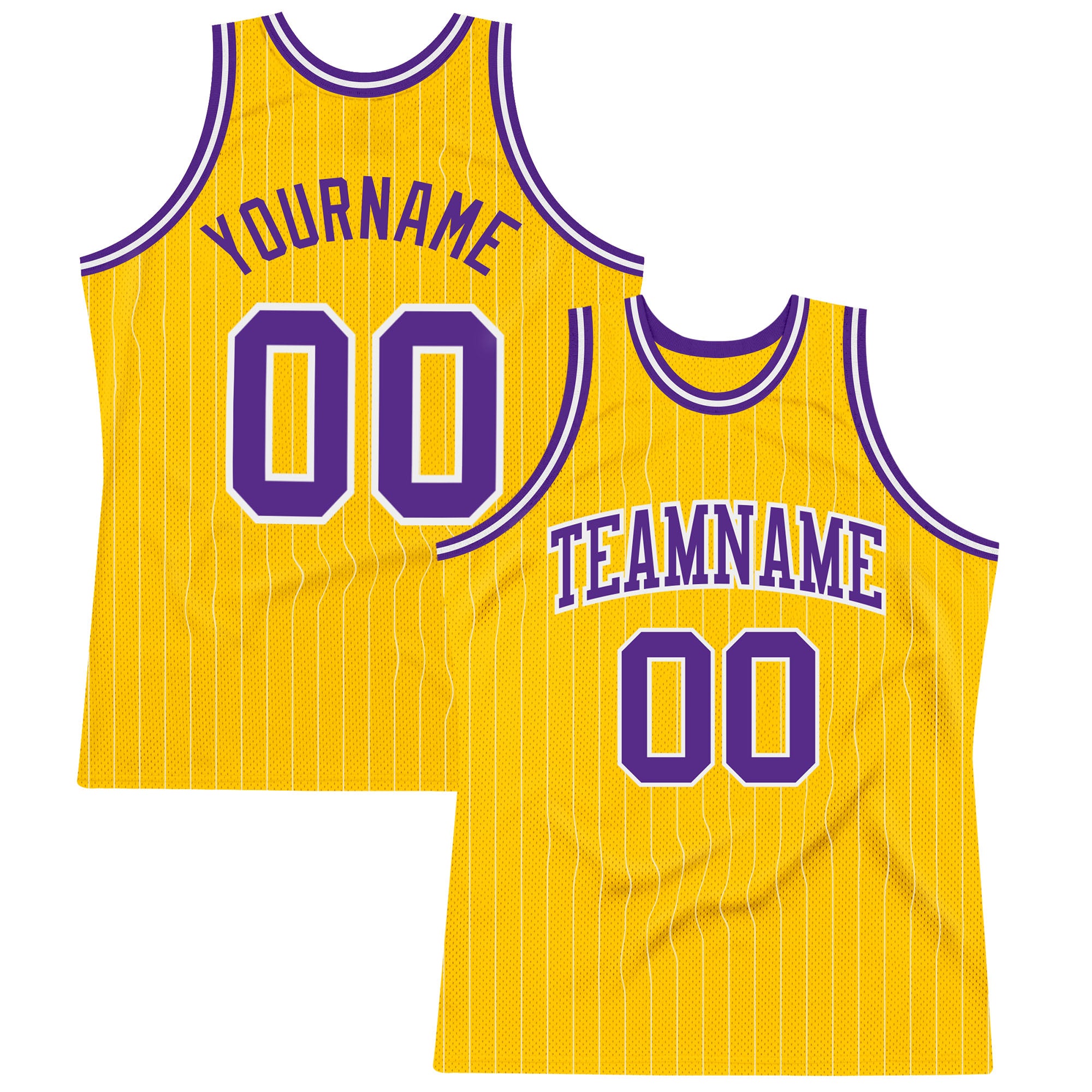 Custom Purple Basketball Jersey with Personalized Gold White Pinstripe Name and Number - Authentic Design Personalized Gold