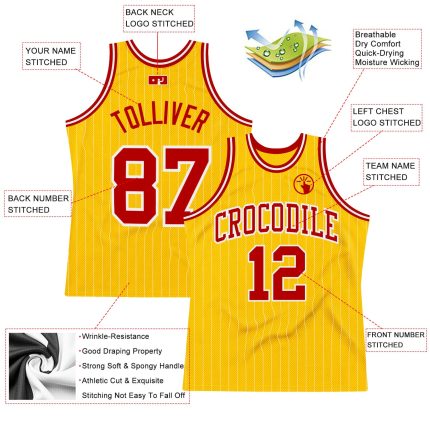 Custom Personalized Red Basketball Jersey with Gold White Pinstripes, Team Name & Number Personalized Gold White Pinstripe