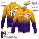 Custom Varsity Letterman Jacket Personalized Gold White Purple Bomber Full-Snap Fashion with Team Name & Number Personalized