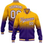 Custom Varsity Letterman Jacket Personalized Gold White Purple Bomber Full-Snap Fashion with Team Name & Number Personalized