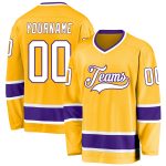 Custom Name and Number Personalized Gold White-Purple Hockey Jersey for Team Personalized Gold White-Purple Hockey Jersey