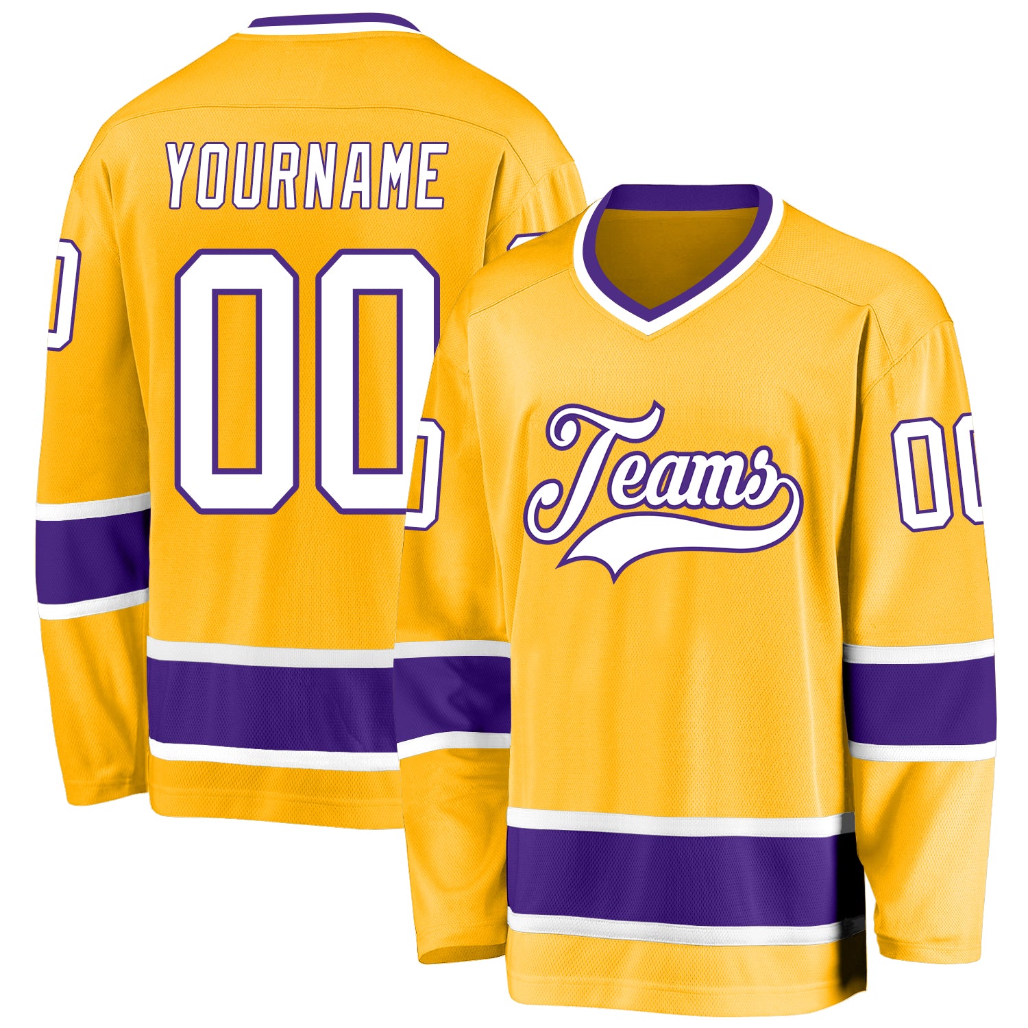 Custom Name and Number Personalized Gold White-Purple Hockey Jersey for Team Personalized Gold White-Purple Hockey Jersey