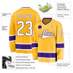 Custom Name and Number Personalized Gold White-Purple Hockey Jersey for Team Personalized Gold White-Purple Hockey Jersey