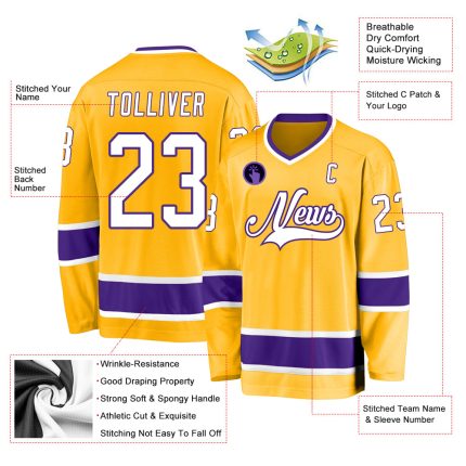Custom Name and Number Personalized Gold White-Purple Hockey Jersey for Team Personalized Gold White-Purple Hockey Jersey