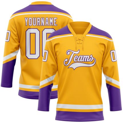 Custom Name and Number Personalized Gold White Purple Hockey Jersey Lace Neck Design Personalized Gold White-Purple Hockey