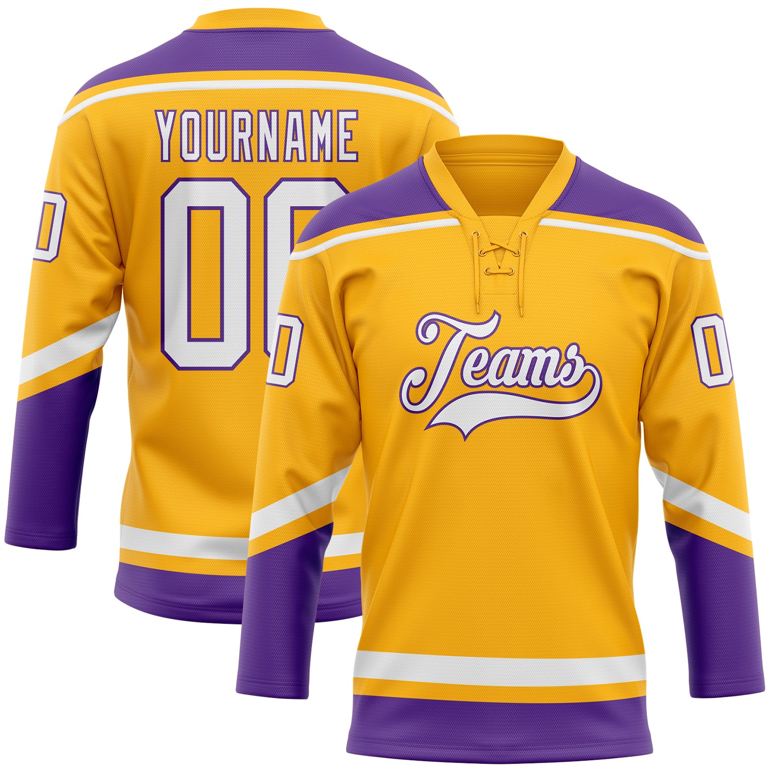Custom Name and Number Personalized Gold White Purple Hockey Jersey Lace Neck Design Personalized Gold White-Purple Hockey